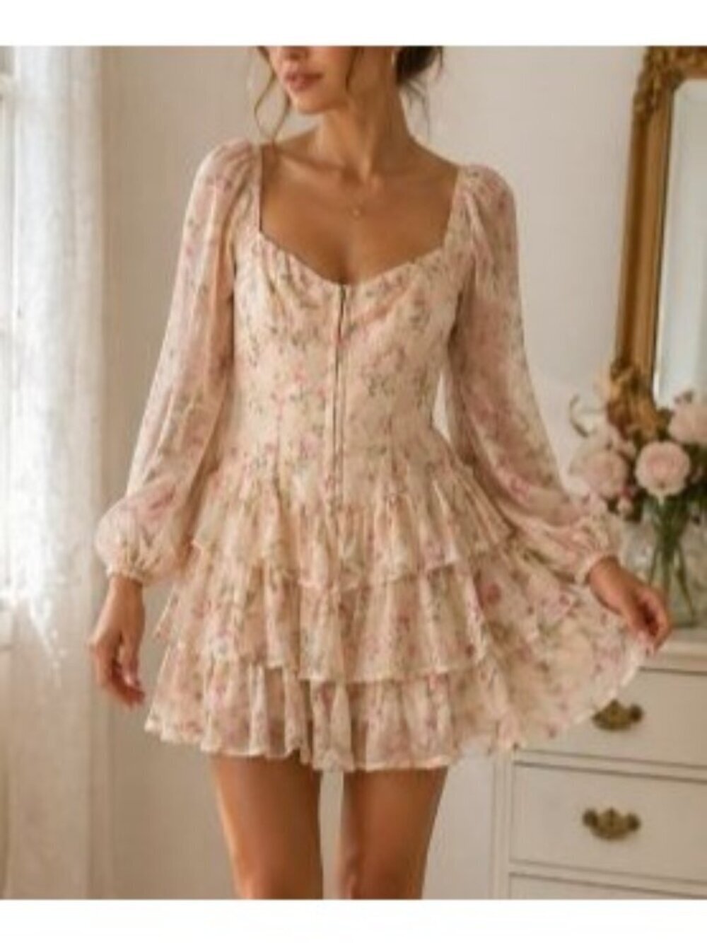 Cottagecore Floral Ruffle Mini Dress XS Sheer Long Sleeve Romantic Boho festival